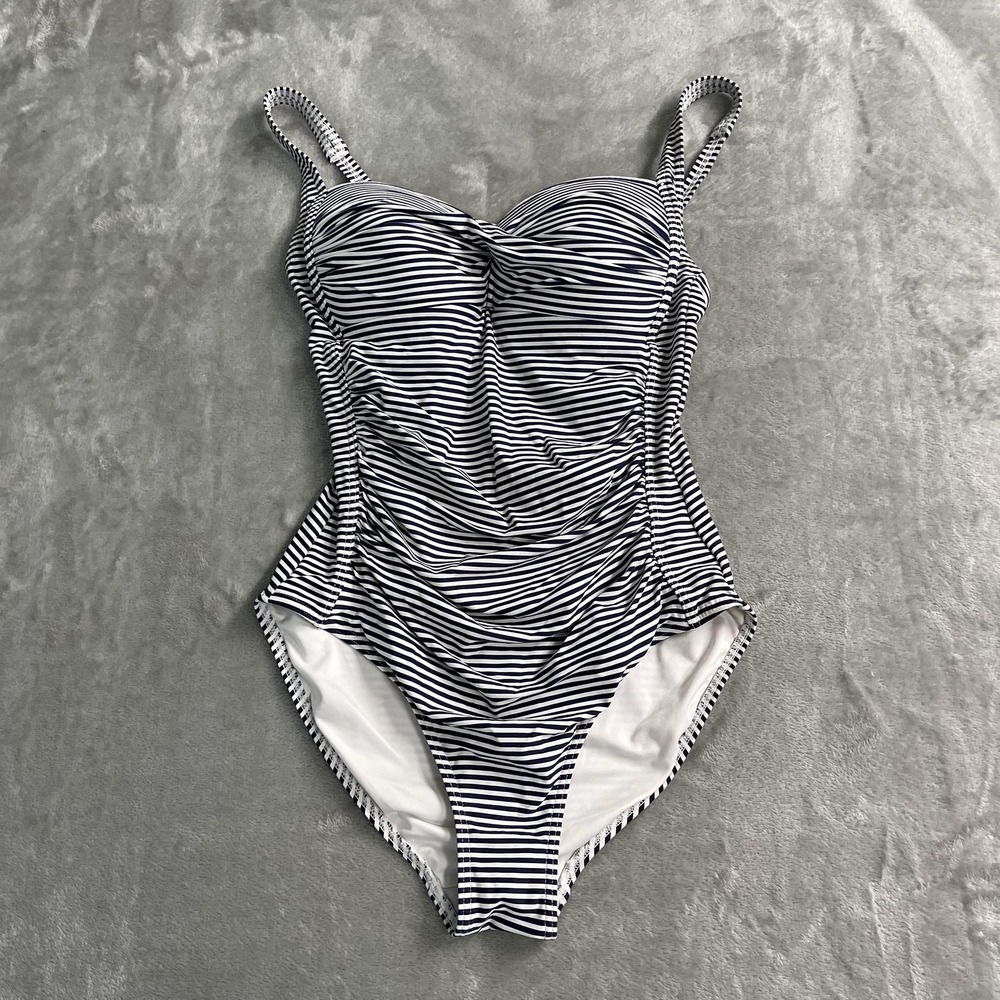 Nip Tuck Swim Swimsuit Womens 6 Blue Stripe One Piece Underwire Ruched Padded